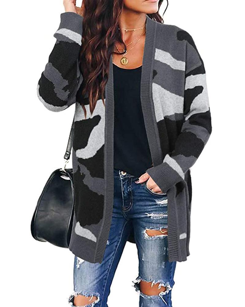 

Camouflage Long Sleeve Open Front Sweater, Dark grey
