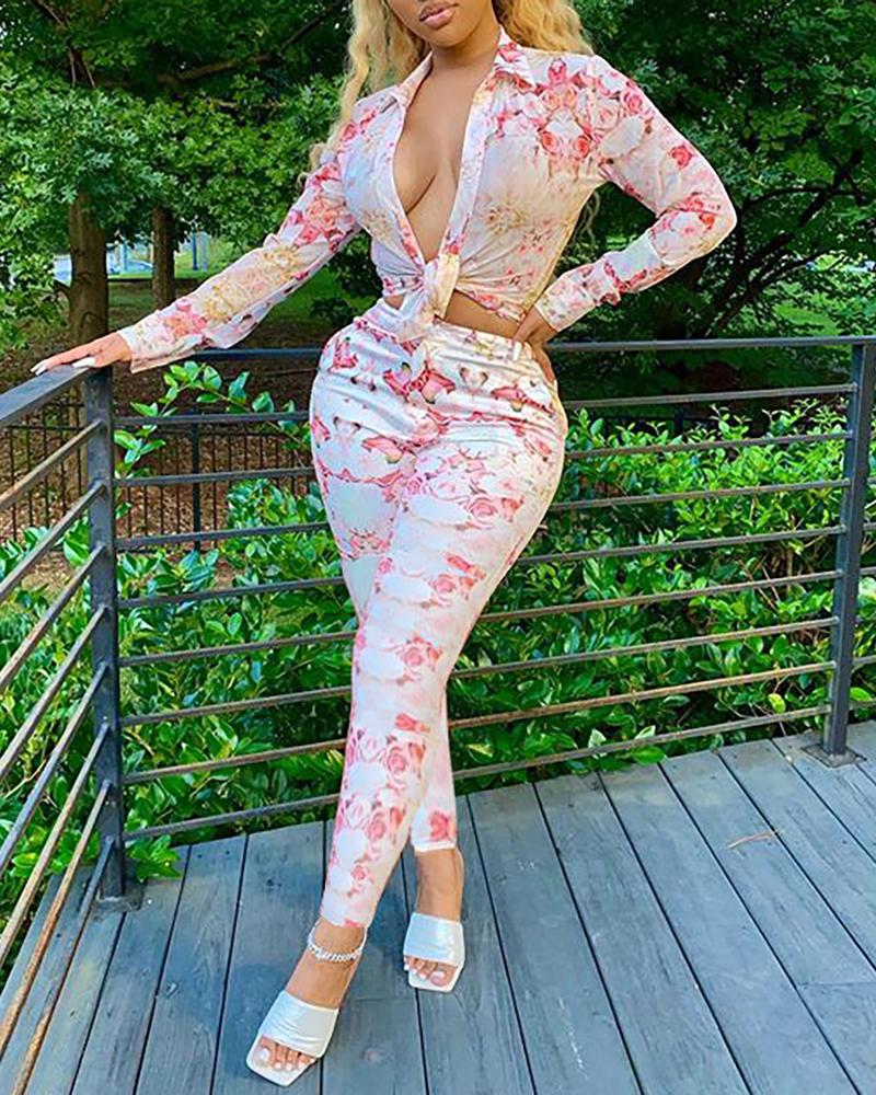 

Floral Print Tie Detail Crop Top & Skinny Pants Set, Pink