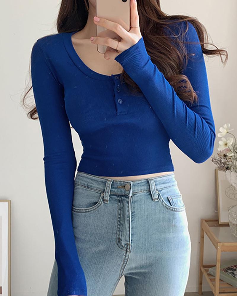 

Buttoned Long Sleeve Plain Top, Blue