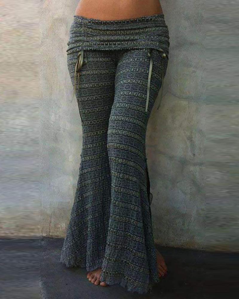 

Vintage Print Lace Up Bootcut Pants, Green