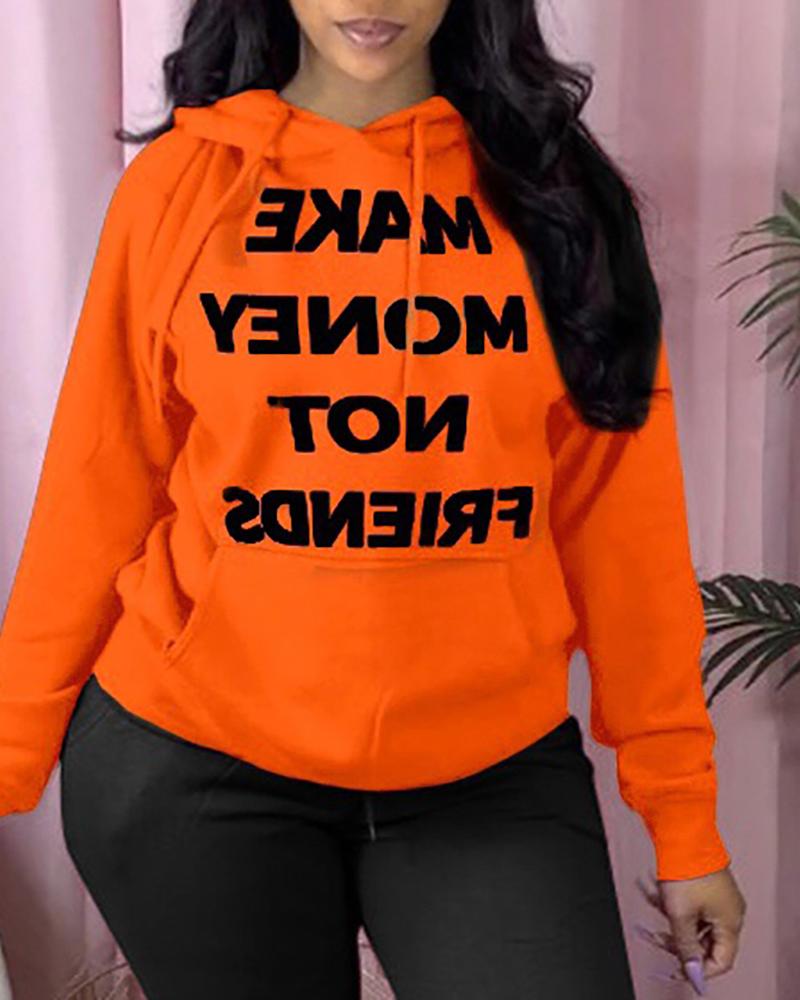 

Letter Print Pocket Design Hooded Sweatshirt, Orange