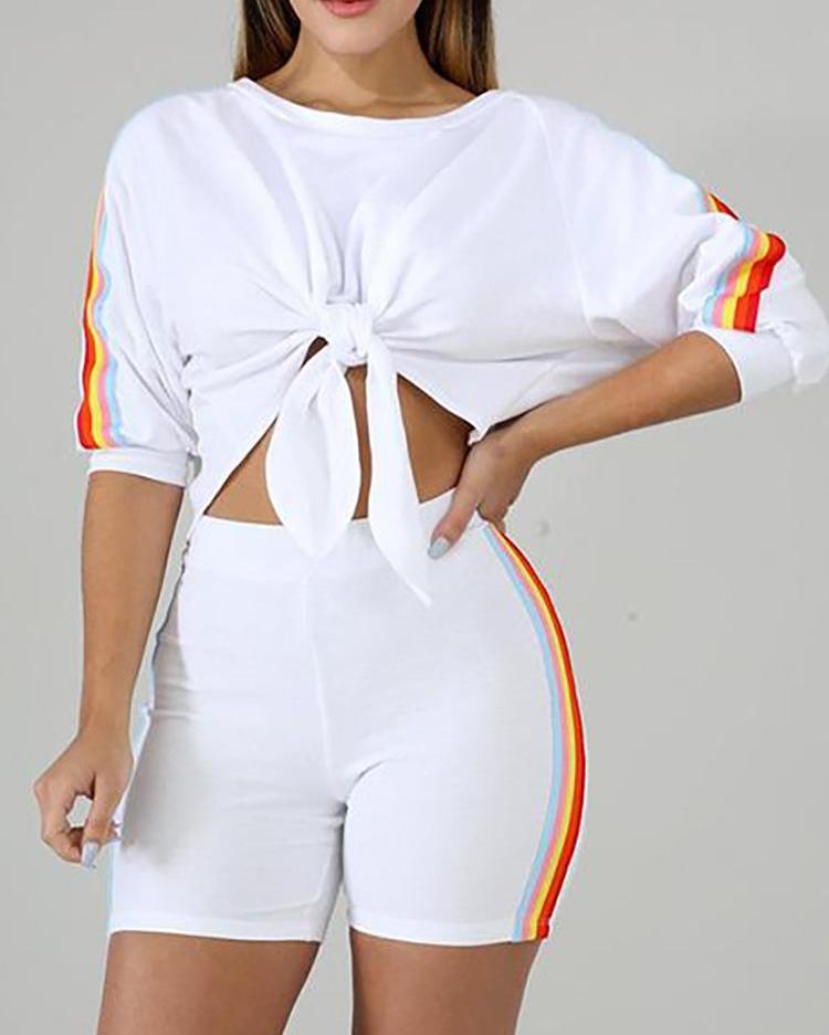 

Casual Solid Color Rainbow Ribbon Two-piece, White