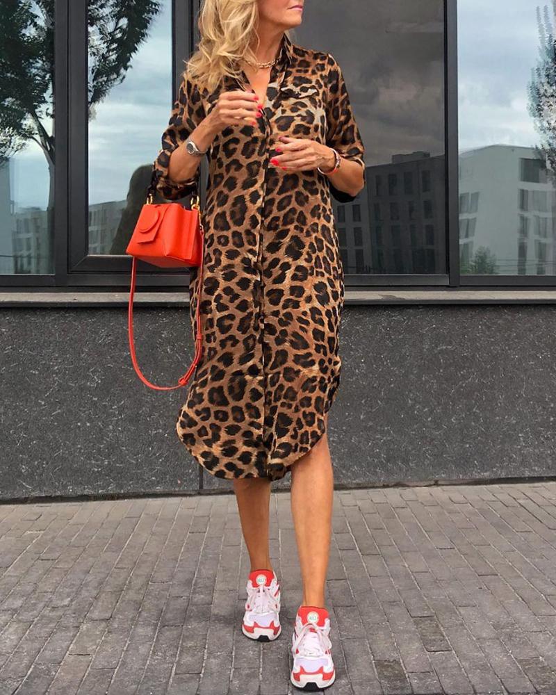 

Leopard Print Long Sleeve Shirt Dress