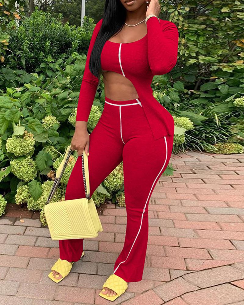 

Contrast Piping Cut Out Top & High Waist Pants Set, Red