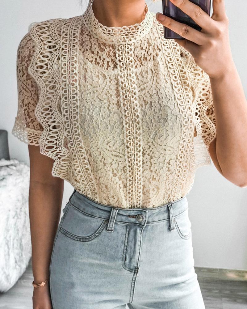 

Crochet Lace Short Sleeves Blouse, Apricot