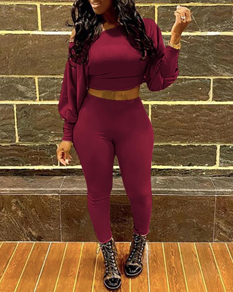 

Lantern Sleeve Crop Top & High Waist Pants Set, Wine red
