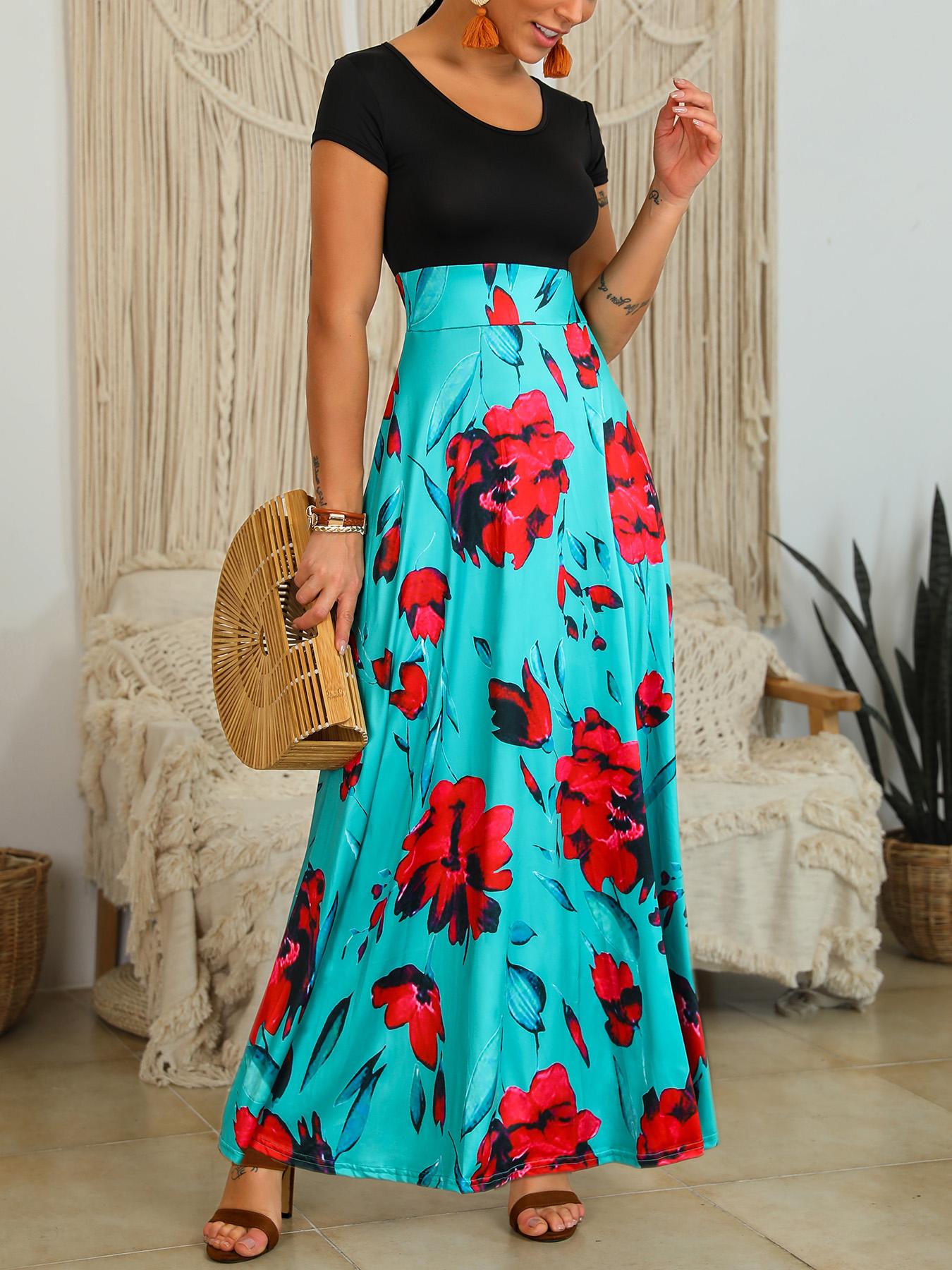 

Floral Print Short Sleeve Maxi Dress, Green