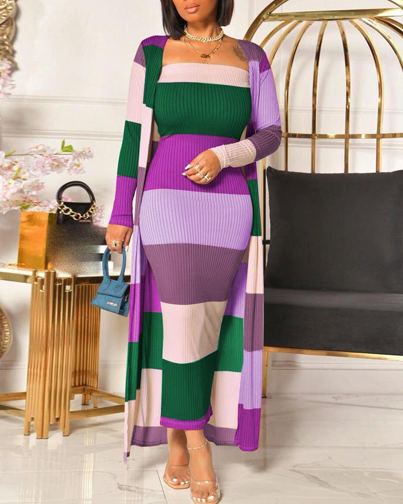 

Ribbed Colorblock Maxi Dress & Longline Coat Set, Purple