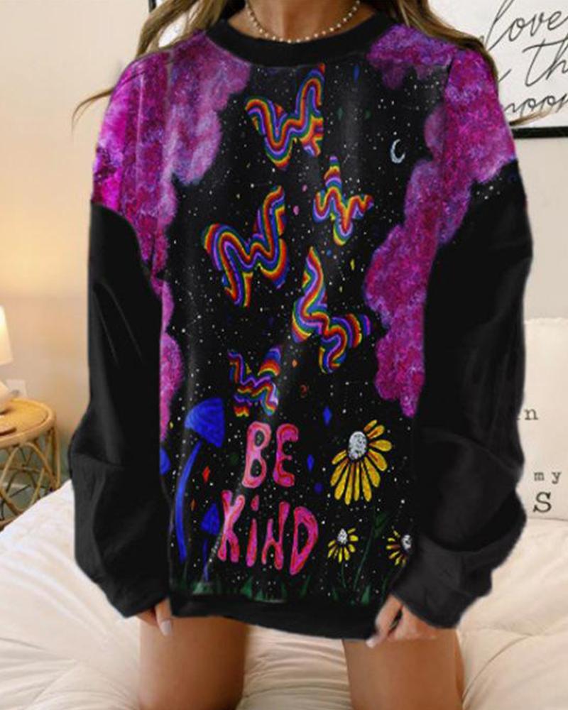 

Tide Print Round Neck Oversized Sweatshirt, Black
