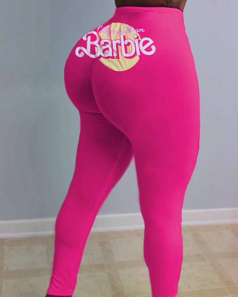 

Letter Print High Waist Leggings, Hot pink