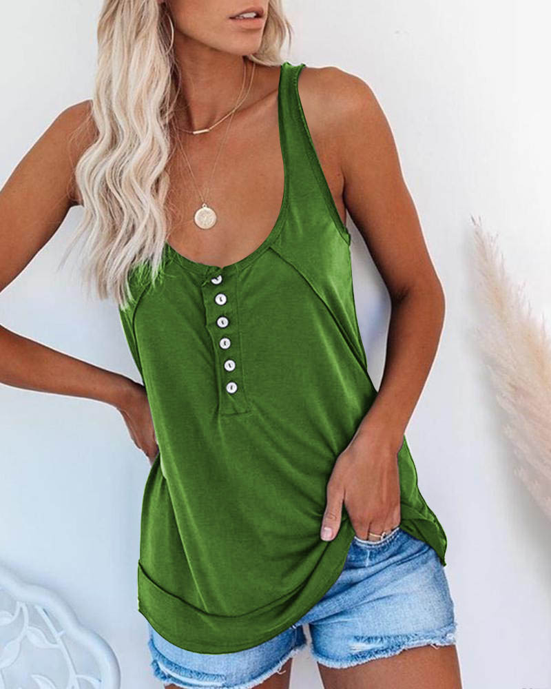 

U-neck Half Button Casual Tank Top, Green