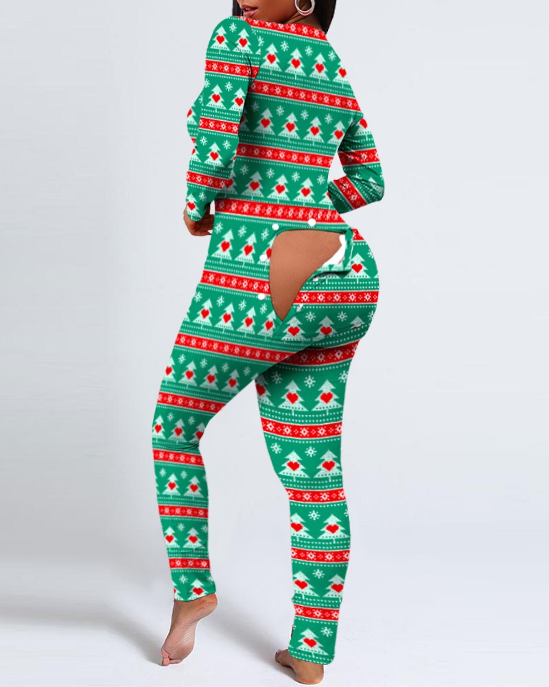 Christmas Tree Print Functional Buttoned Flap Adults Pajamas Online