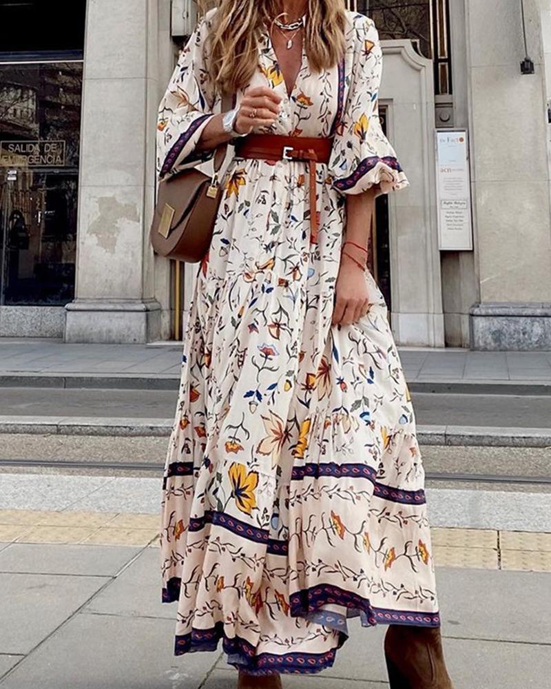 

Floral Print Three Quarter Sleeve Loose Boho Long Dress, Multicolor
