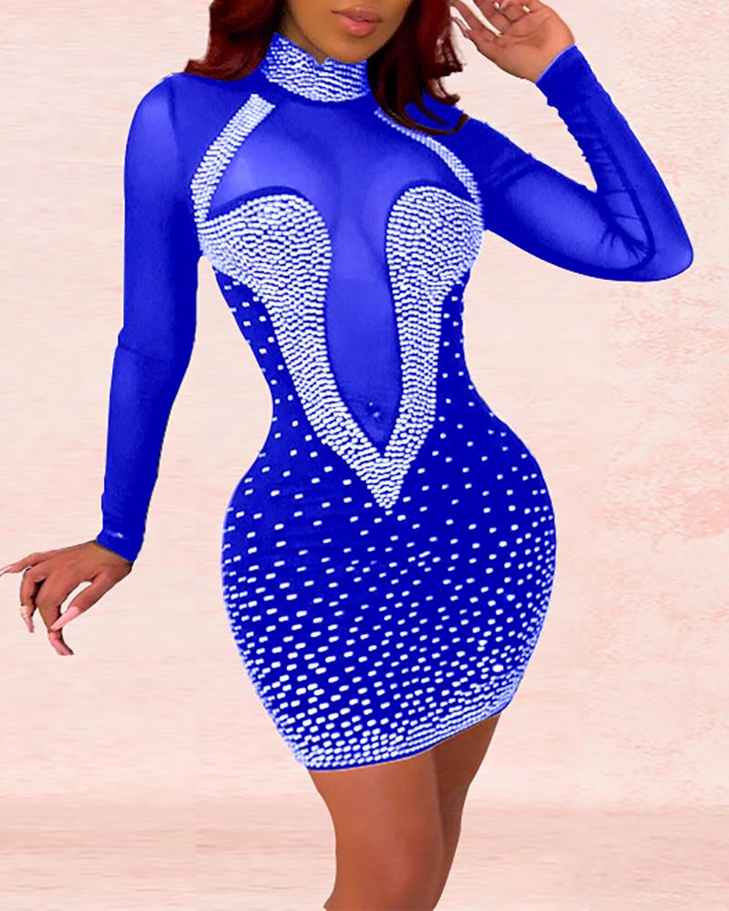 

See Through Hot Stamping Bodycon Dress, Blue