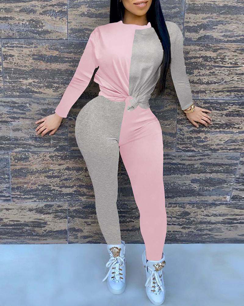 

Colorblock Long Sleeve Top & Pants Set, Pink