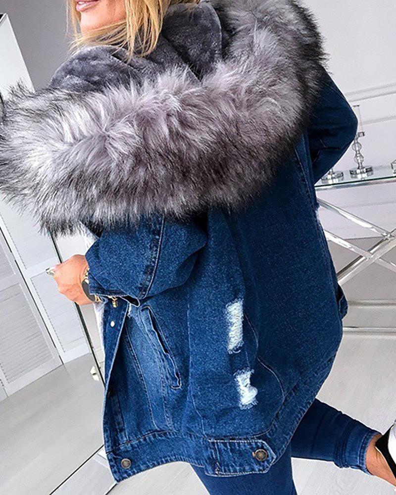 

Button Design Long Sleeve Fluffy Hooded Denim Coat, Dark blue