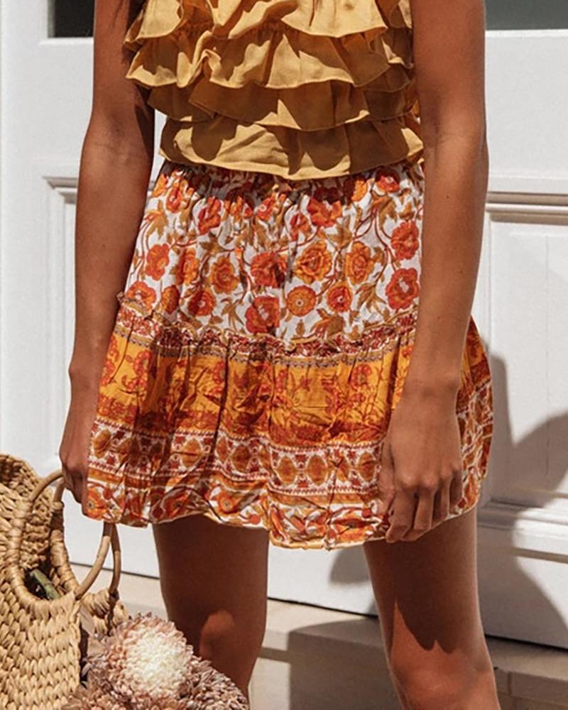 

Floral Print Frill Hem Casual Skirt, Orange