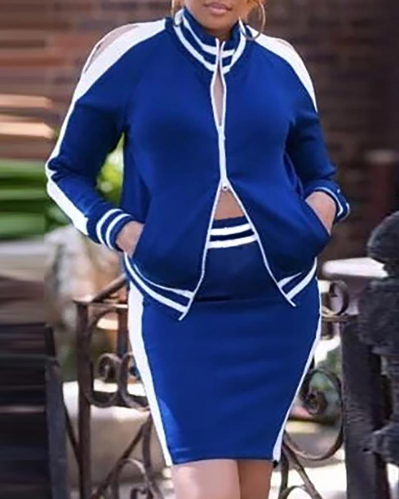 

Colorblock Striped Coat & Skirt Sets, Blue