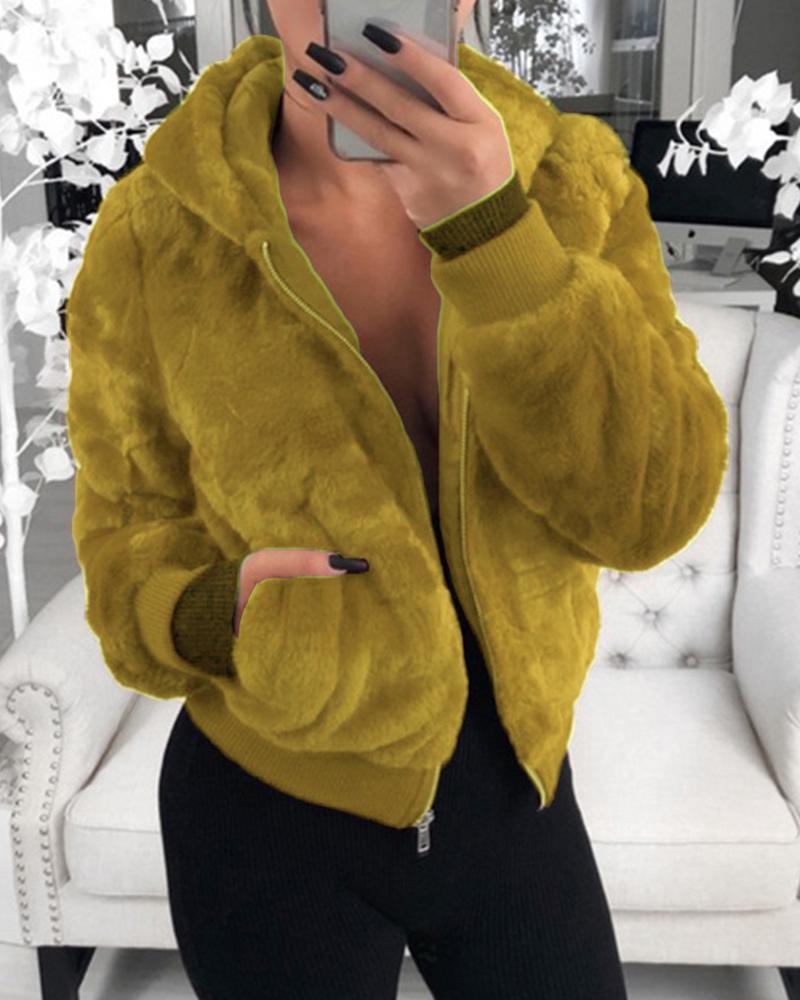 

Faux Fur Zipper Pocket Design Coat, Yellow