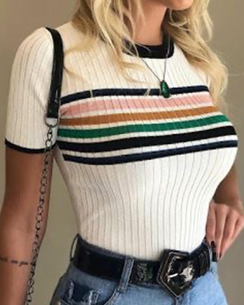 

Colorful Striped Round Neck Ribbed T-shirt, White