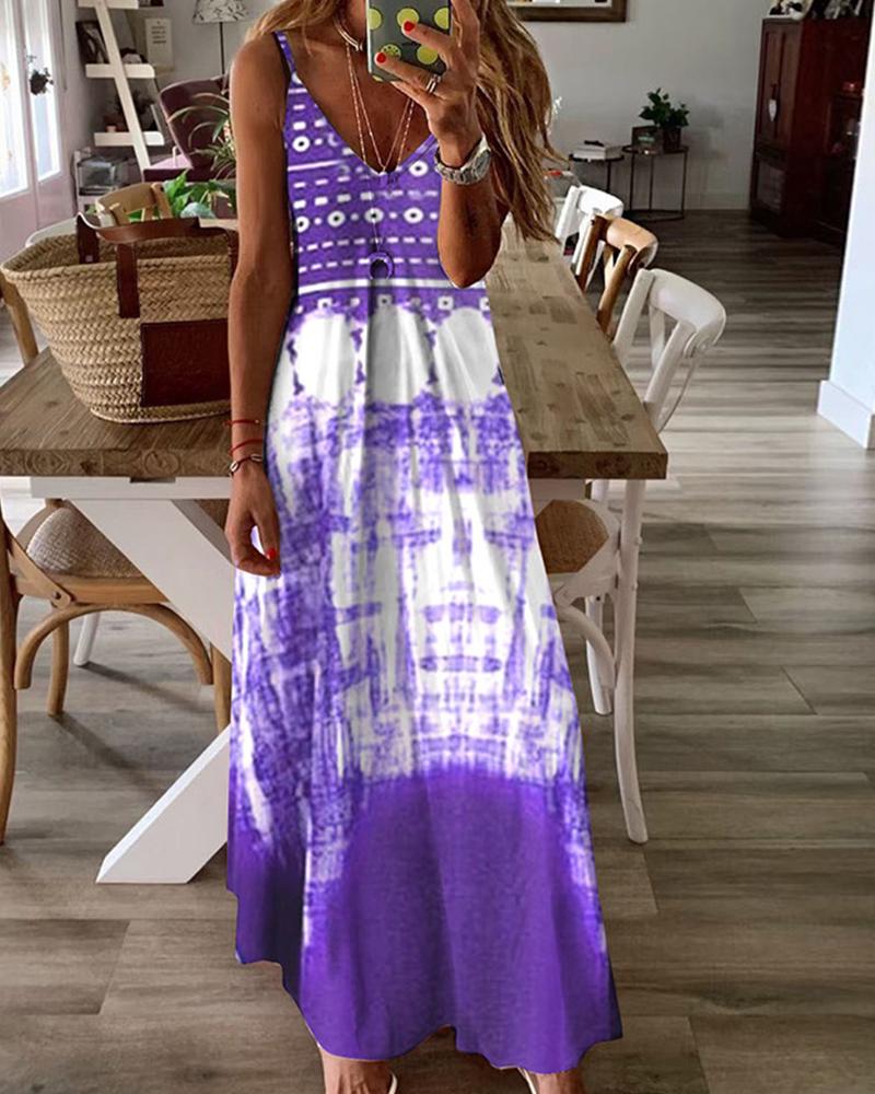 

Retro Patterns Print Strap Loose Long Dress, Purple
