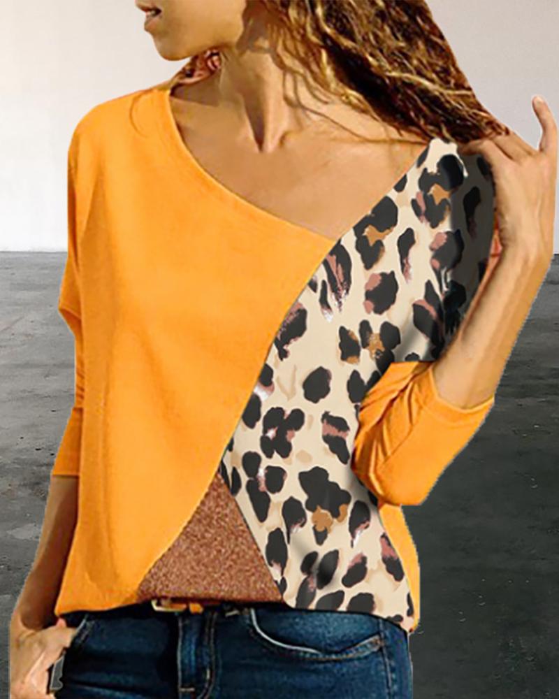 

Colorblock Insert Leopard Print Long Sleeve T-shirt, Yellow