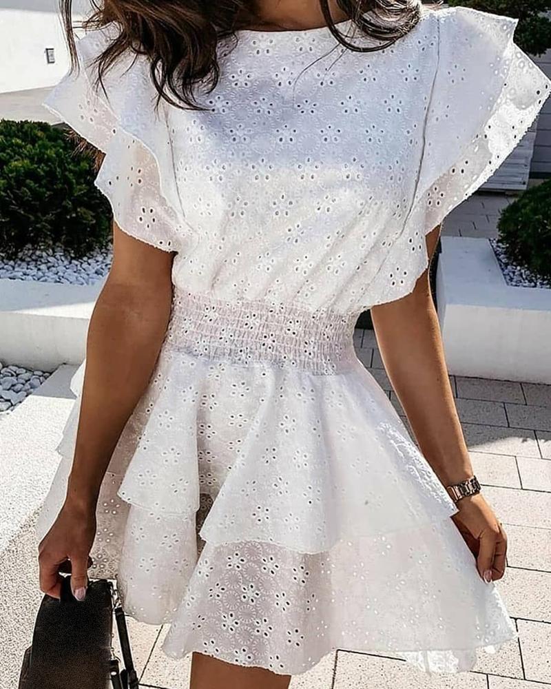 

Eyelet Embroidery Flutter Sleeve Layered Ruffles Dress, White