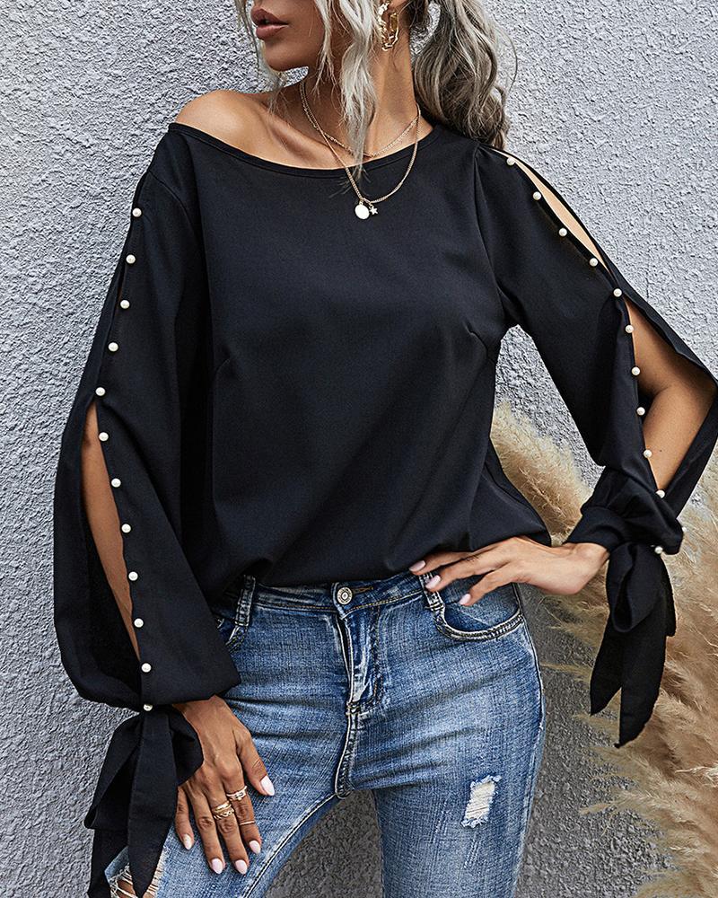 

Beaded Slit Sleeve Tied Detail Top, Black