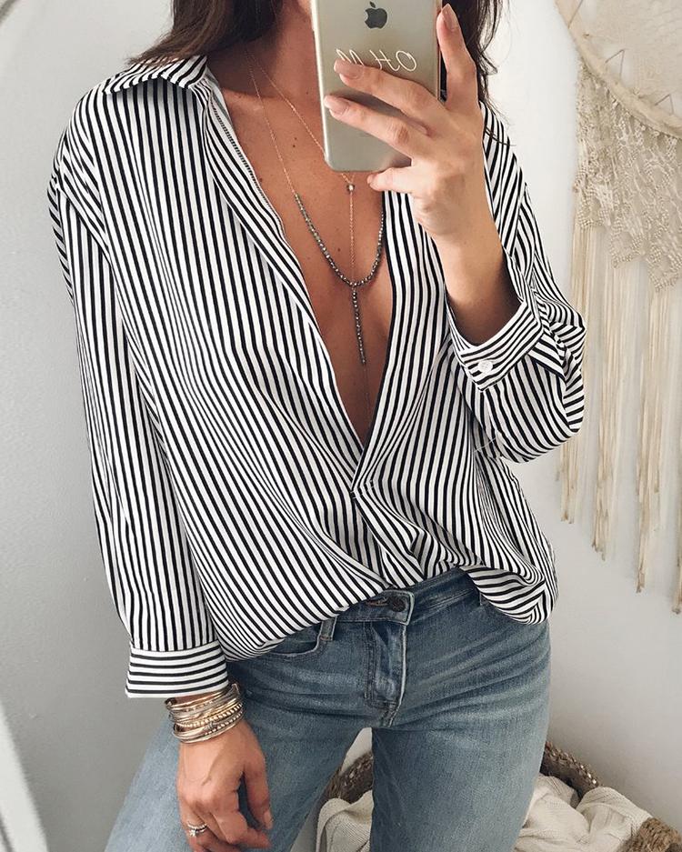 Low Cut Striped Long Sleeve Casual Blouse Online. Discover hottest