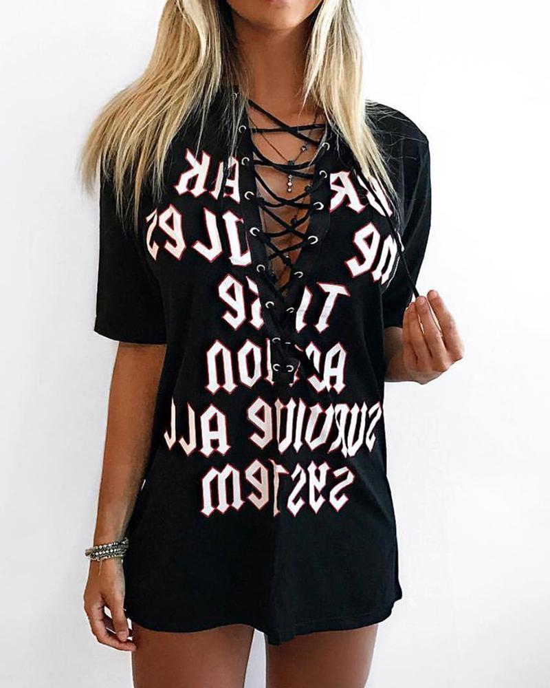 

Letter Print Eyelet Lace-Up Casual T-shirt, Black