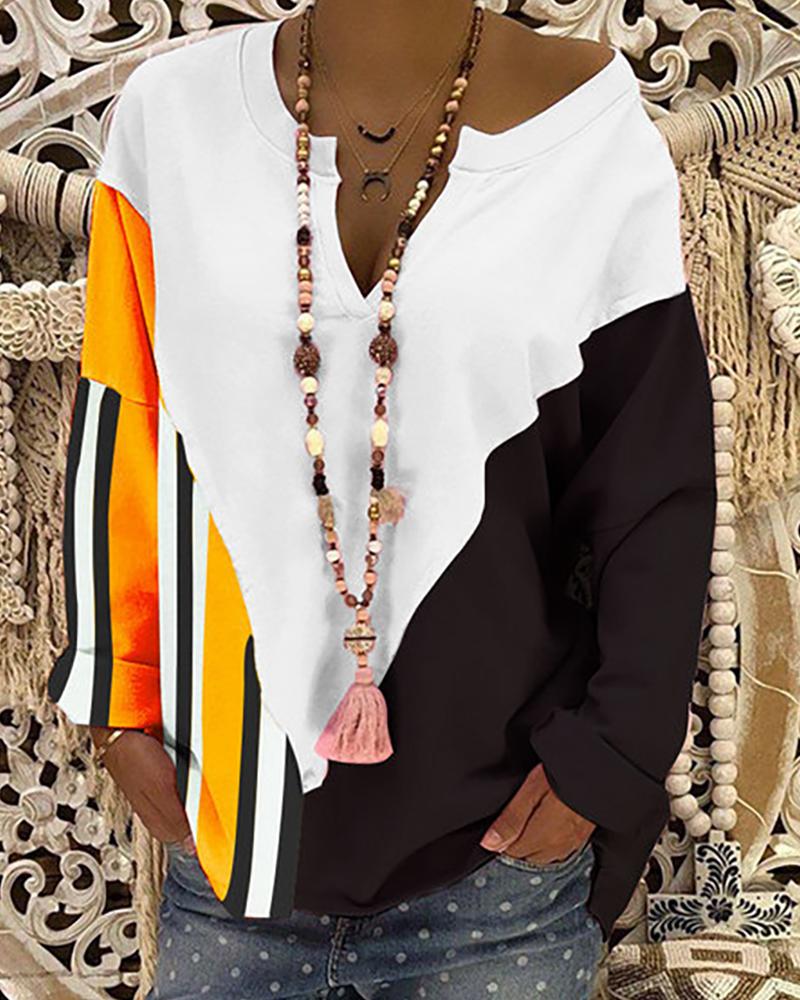 

Striped Colorblock V-Cut Long Sleeve Top, White