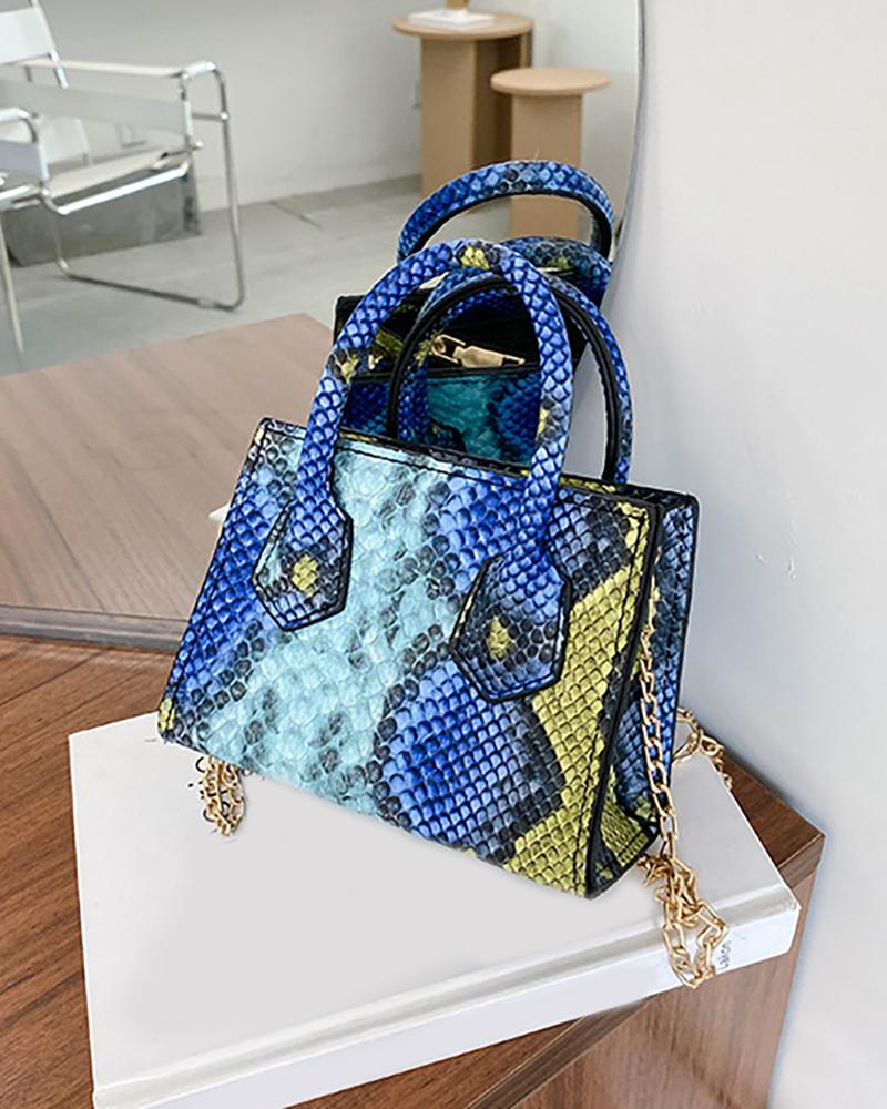 

Snakeskin Chain Satchel Bag, Dark blue