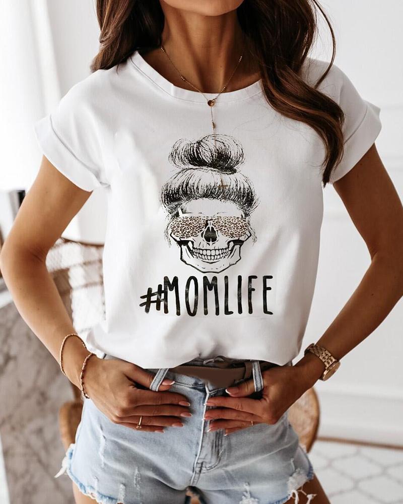 

Figure/Letter Print Cuff Sleeve T-Shirt, White