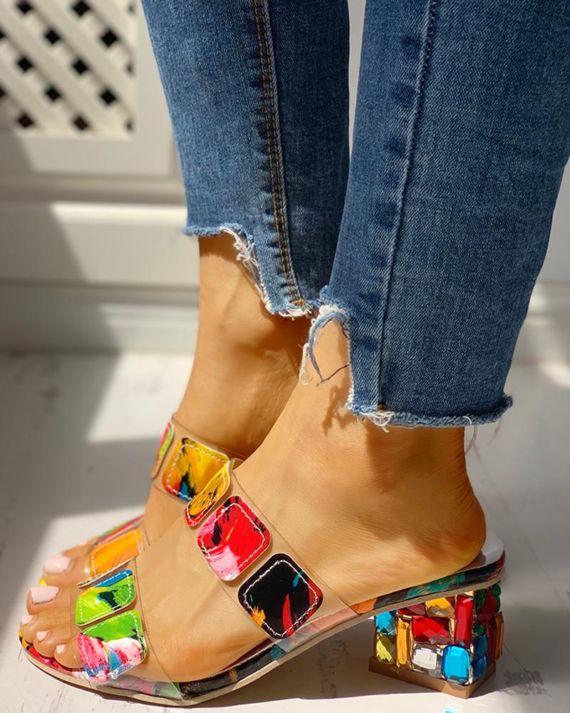 colorful geo applique chunky heeled sandals