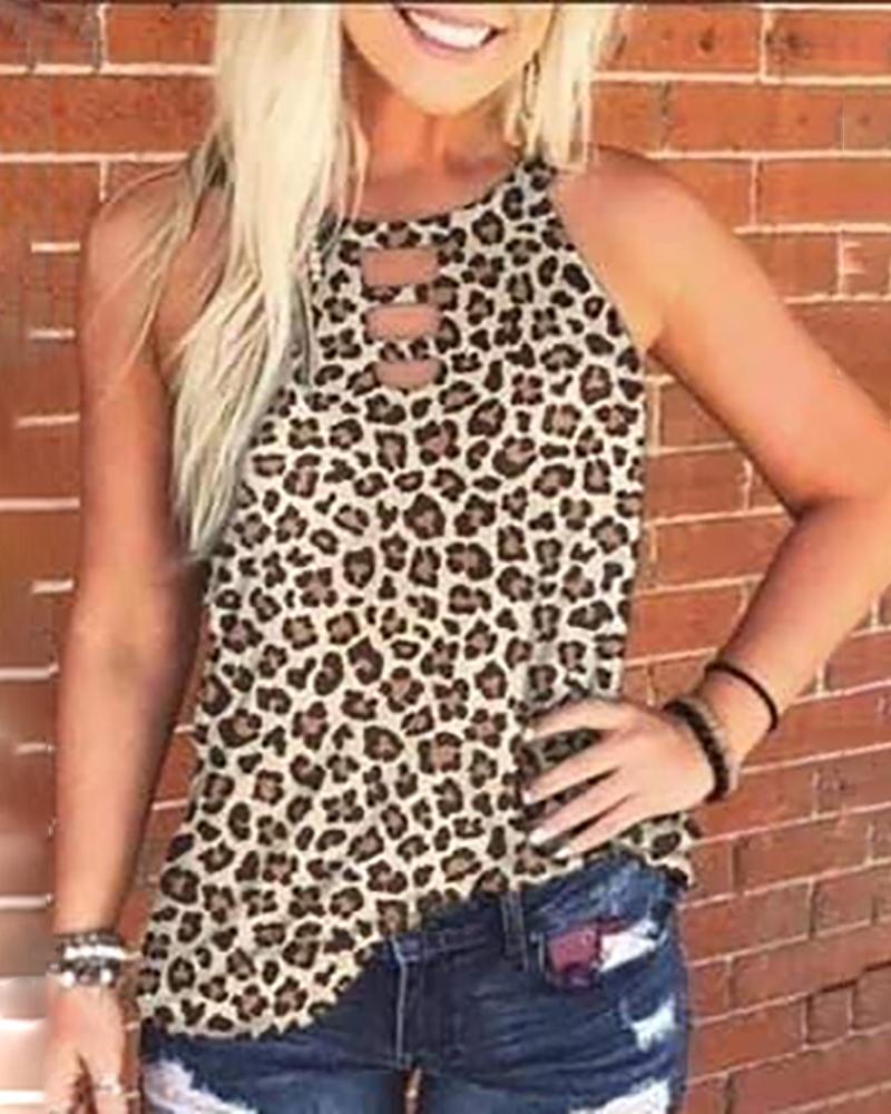 

Print Round Neck Cut Out Tank Top, Leopard