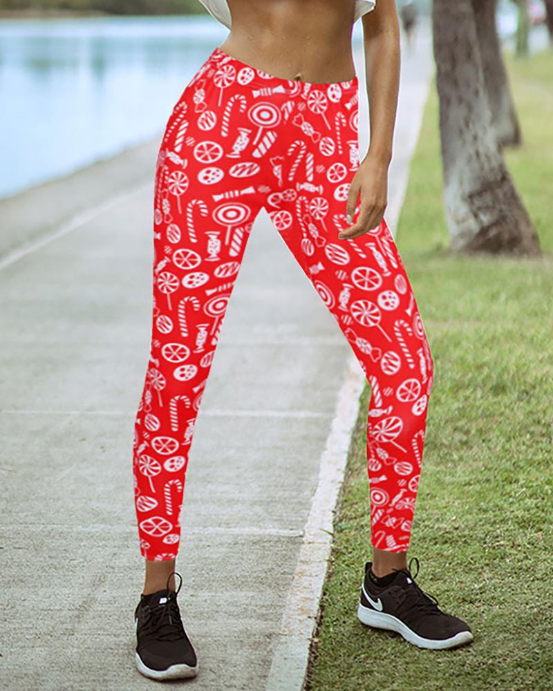 

Christmas Mixed Print High Waist Skinny Pants, Red