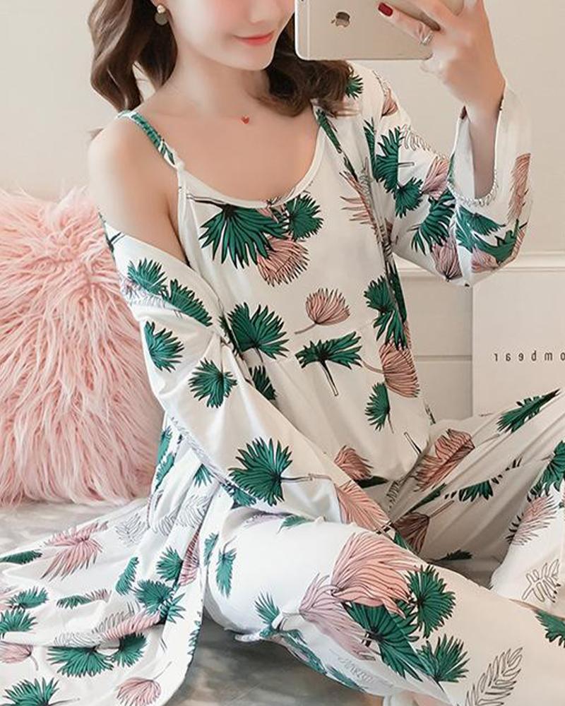 

Tropical Print 3-Piece Pajama Set, White