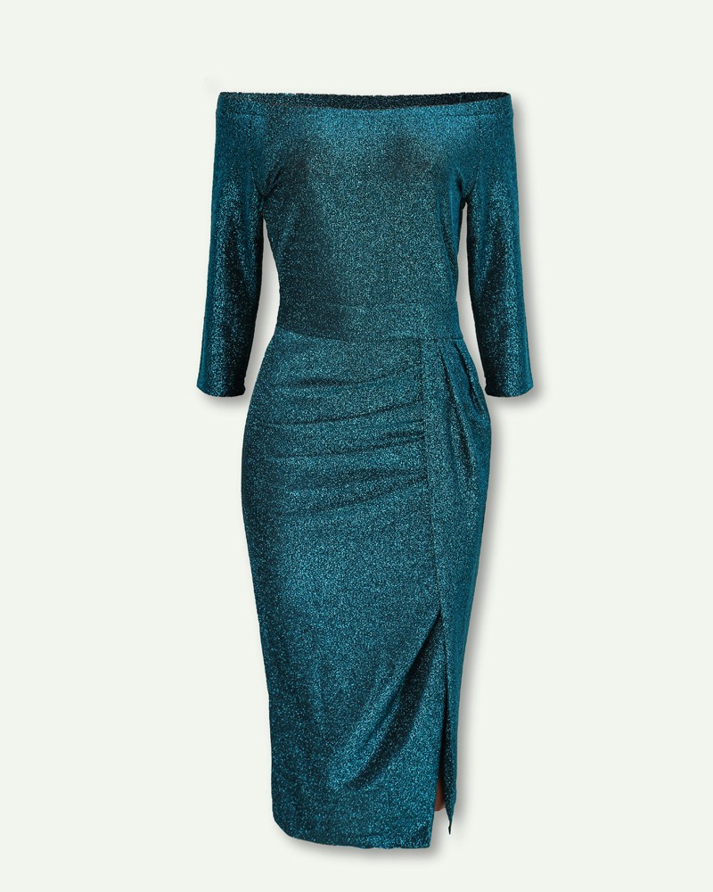 glitter ruched thigh slit party dress