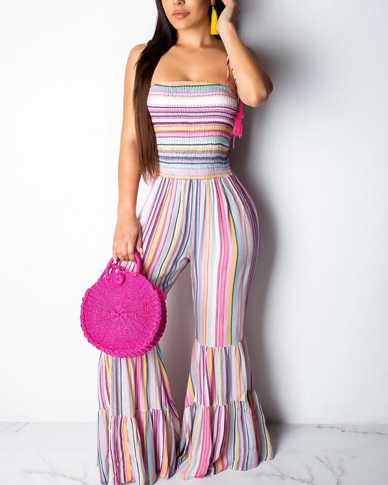 

Colorful Stripes Bell-bottoms Spaghetti Strap Jumpsuit, Multicolor
