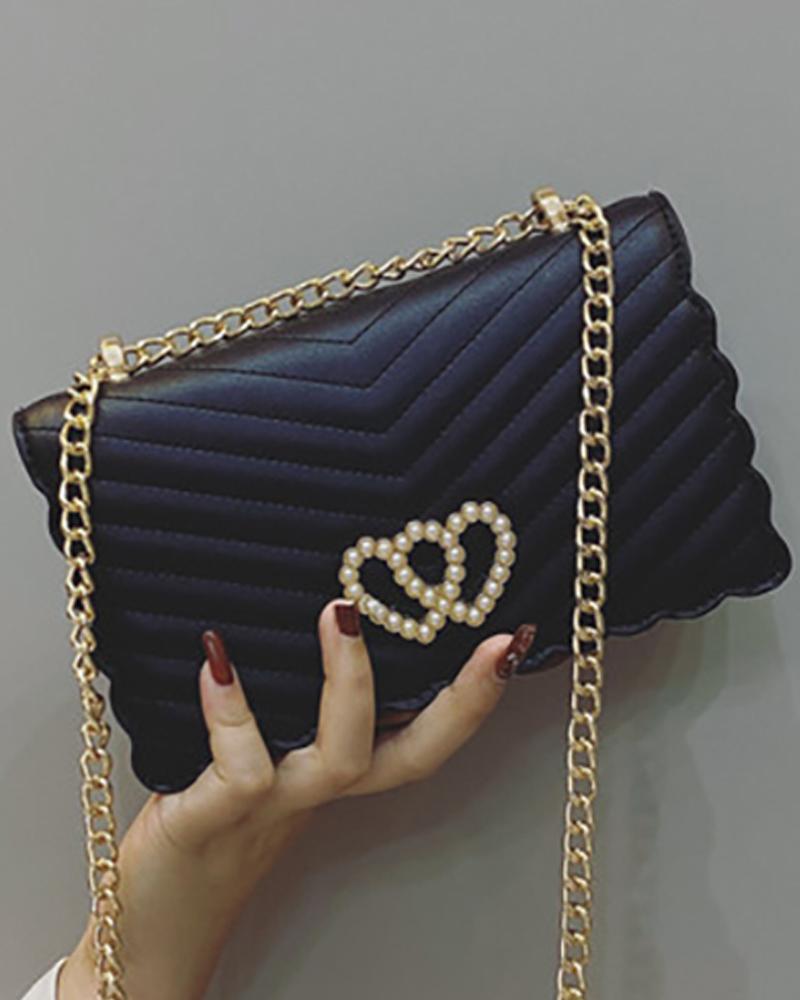 

Double Heart Pattern Chevron Chain Bag, Black