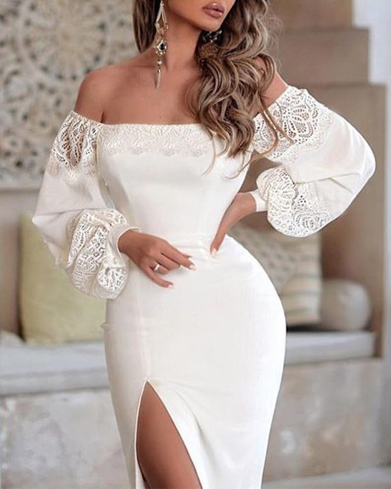 

Off Shoulder Lantern Sleeve Lace Insert Slit Dress, White