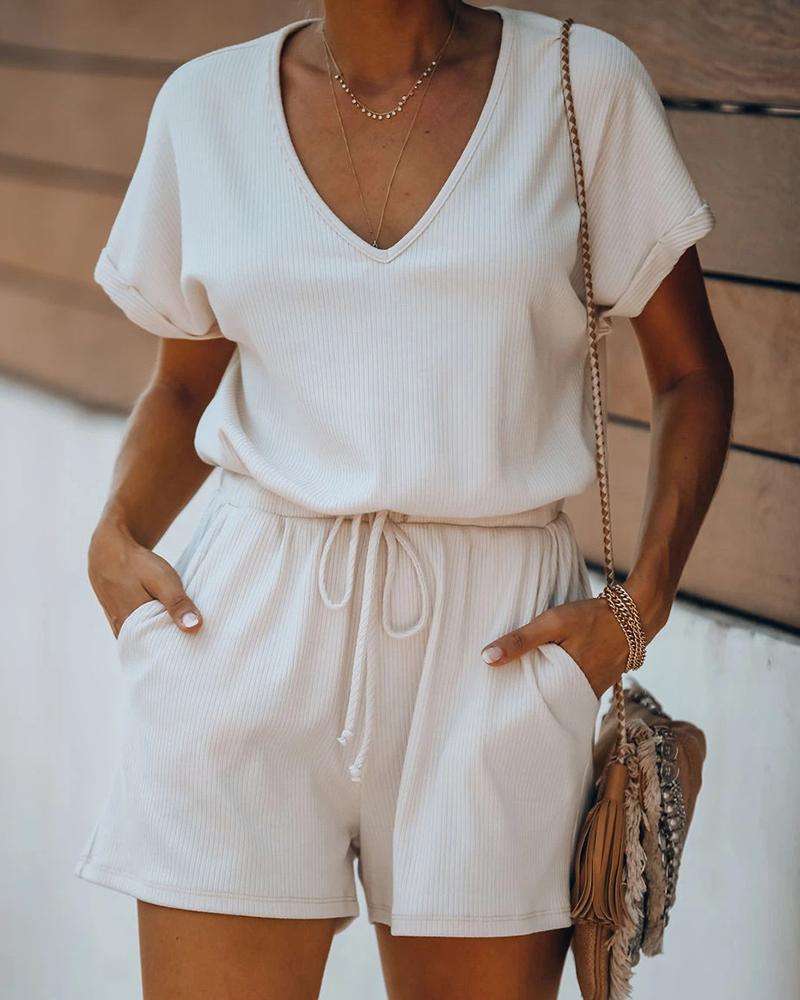 

Short Sleeve T-shirt & Pocket Design Drawstring Shorts Set, White
