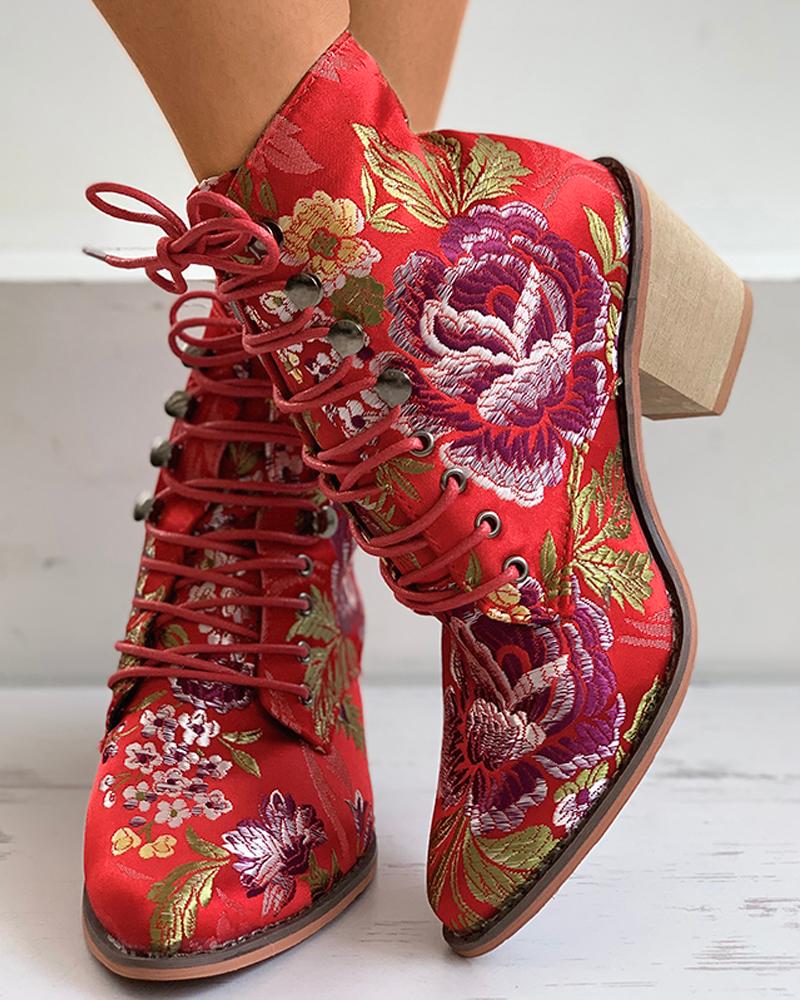 

Floral Embroidery Lace-up Chunky Boots, Red
