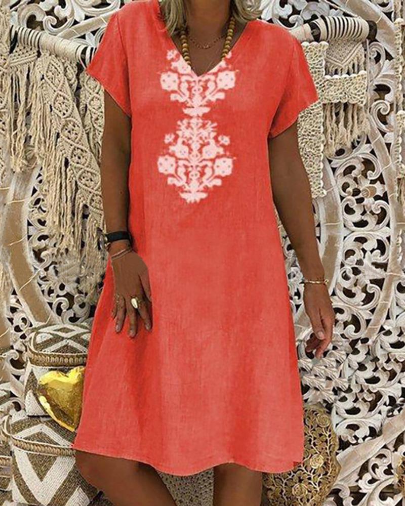 

Retro Print Short Sleeve Casual Women Dress, Orange