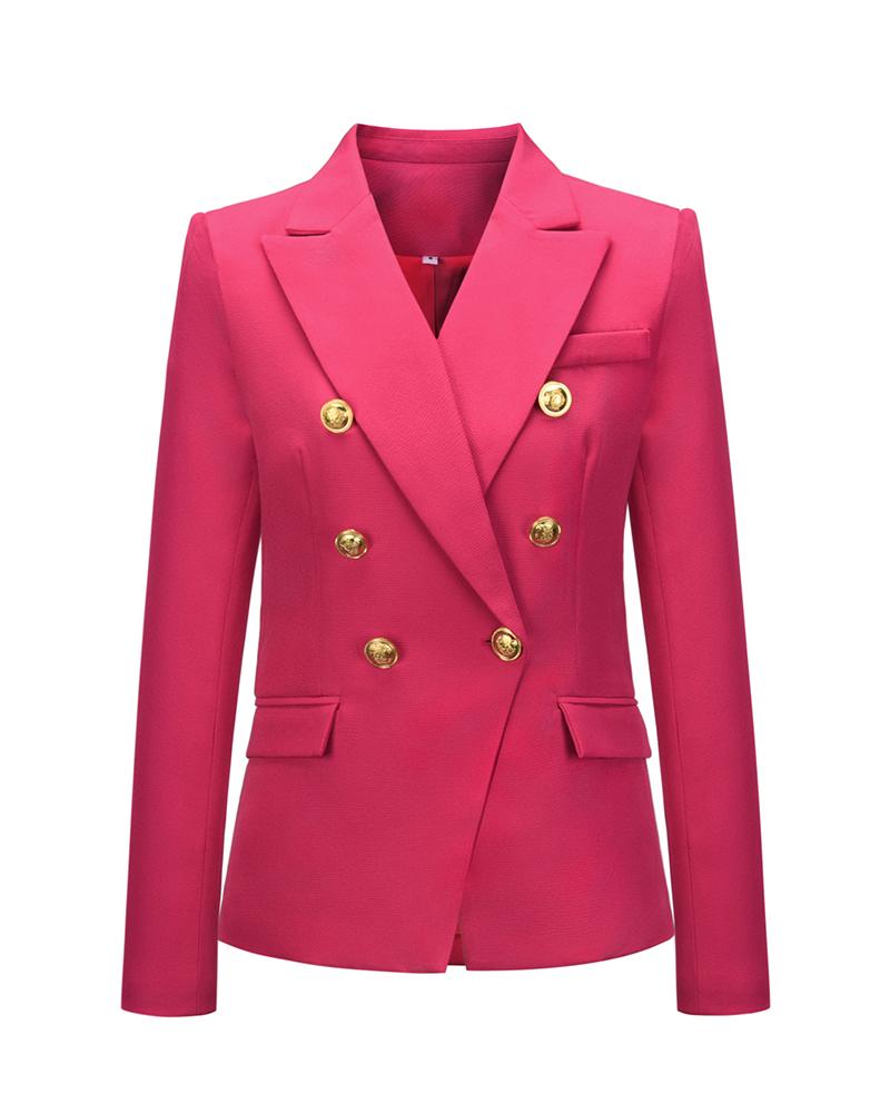 

Houndstooth / Solid Button Design Blazer Coat, Hot pink