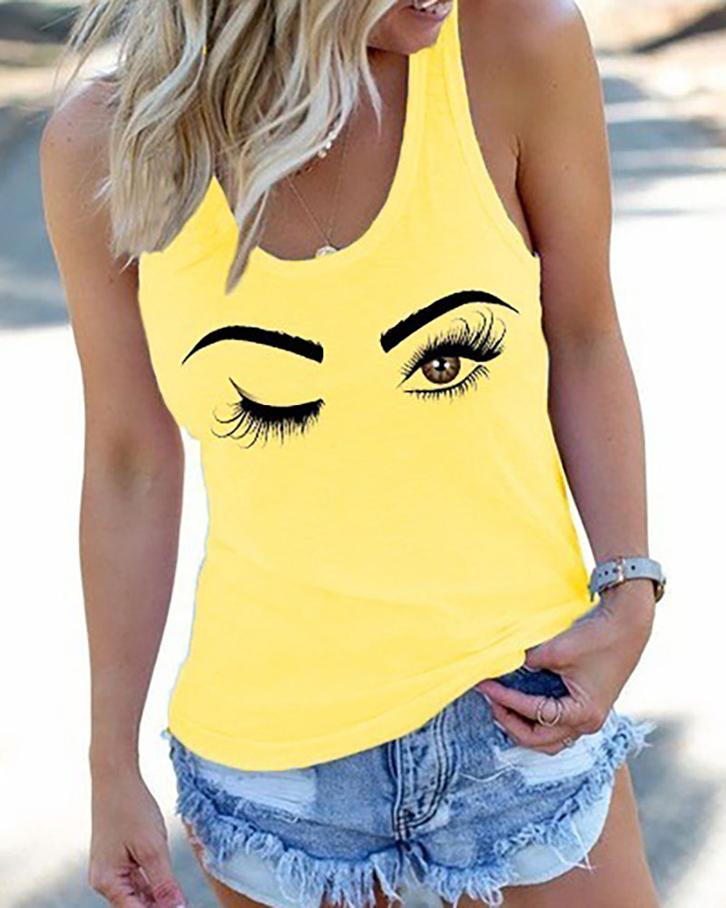 

Eyes Print Casual Tank Women Top, Yellow