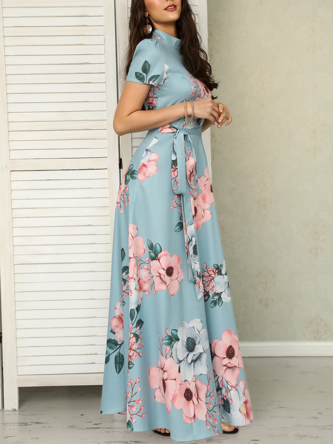 floral print short sleeve tie waist maxi dress