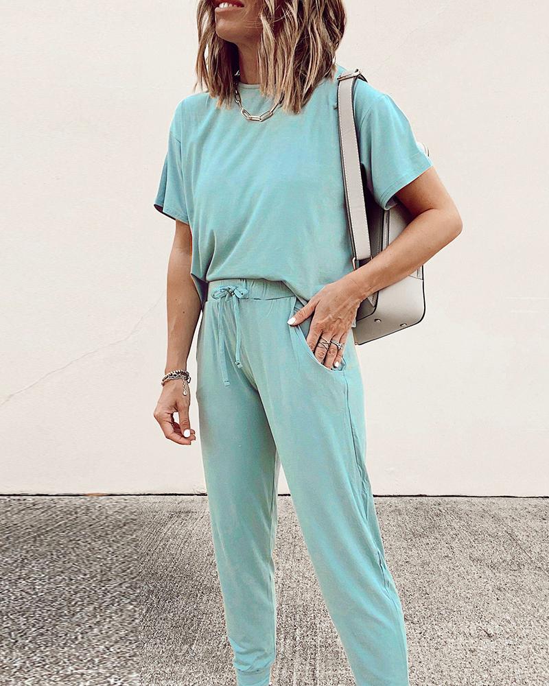 

Solid Short Sleeve Top & Drawstring Pants Set, Light blue