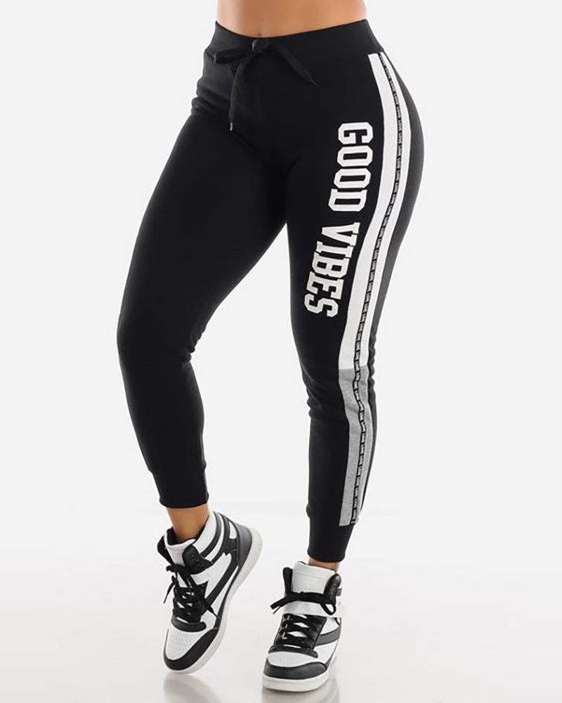 

High Waist Letter Print Drawstring Sweatpants, Black
