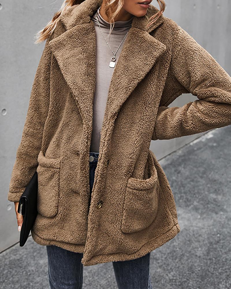 

Fluffy Buttoned Pocket Design Fleece Long Sleeve Coat, Khaki